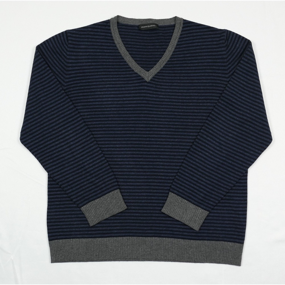 Jhane Barnes 50% Cashmere 50% Silk Blue Striped V-neck‎ Sweater Men's L ~ EUC!
